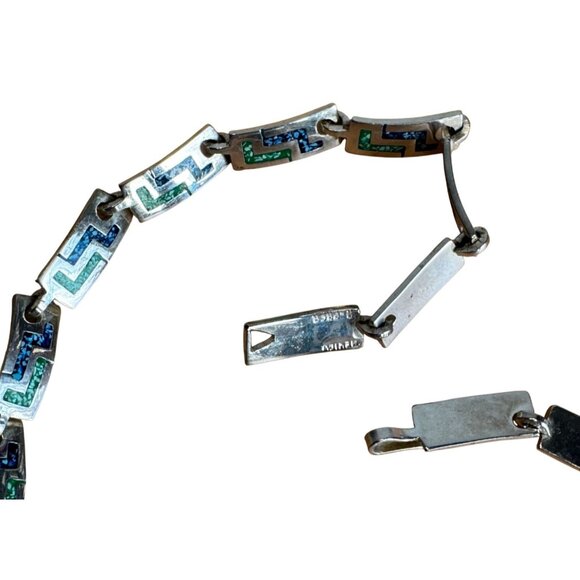 Vintage Mexico Alpaca Silvertone Greek Key Turquoise Inlay Link Necklace 16 3/4" - Picture 7 of 8